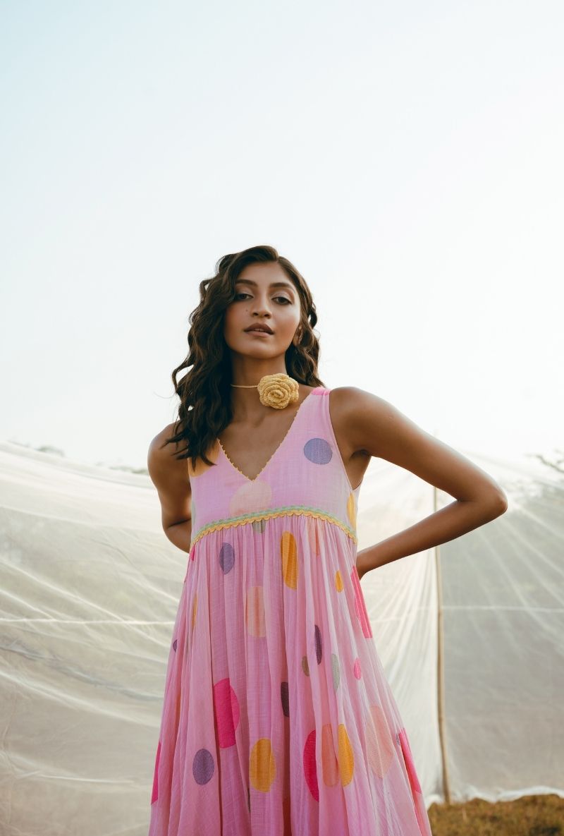 Pink Polka Sleeves Flared Barfi Dress