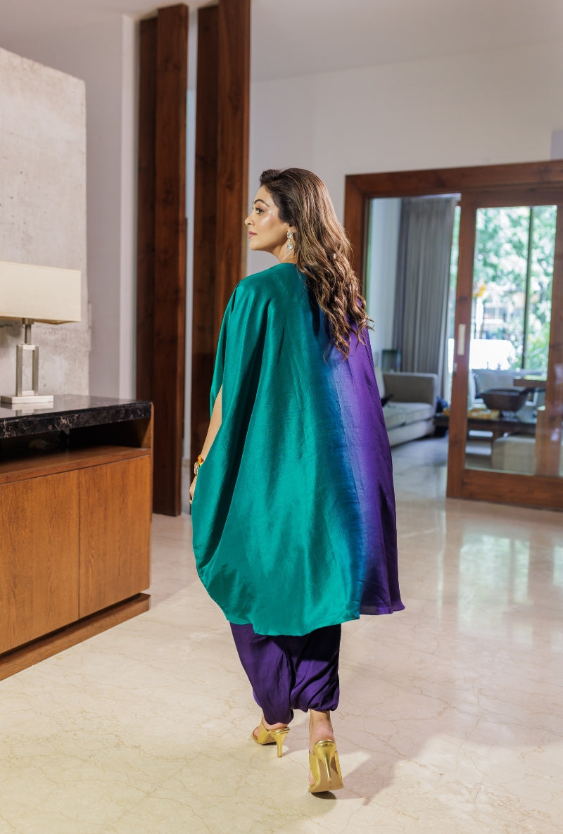 Meghna Nayyar in Purple &amp; Green Ombre Heavy Yoke Drape Dhoti Skirt Set