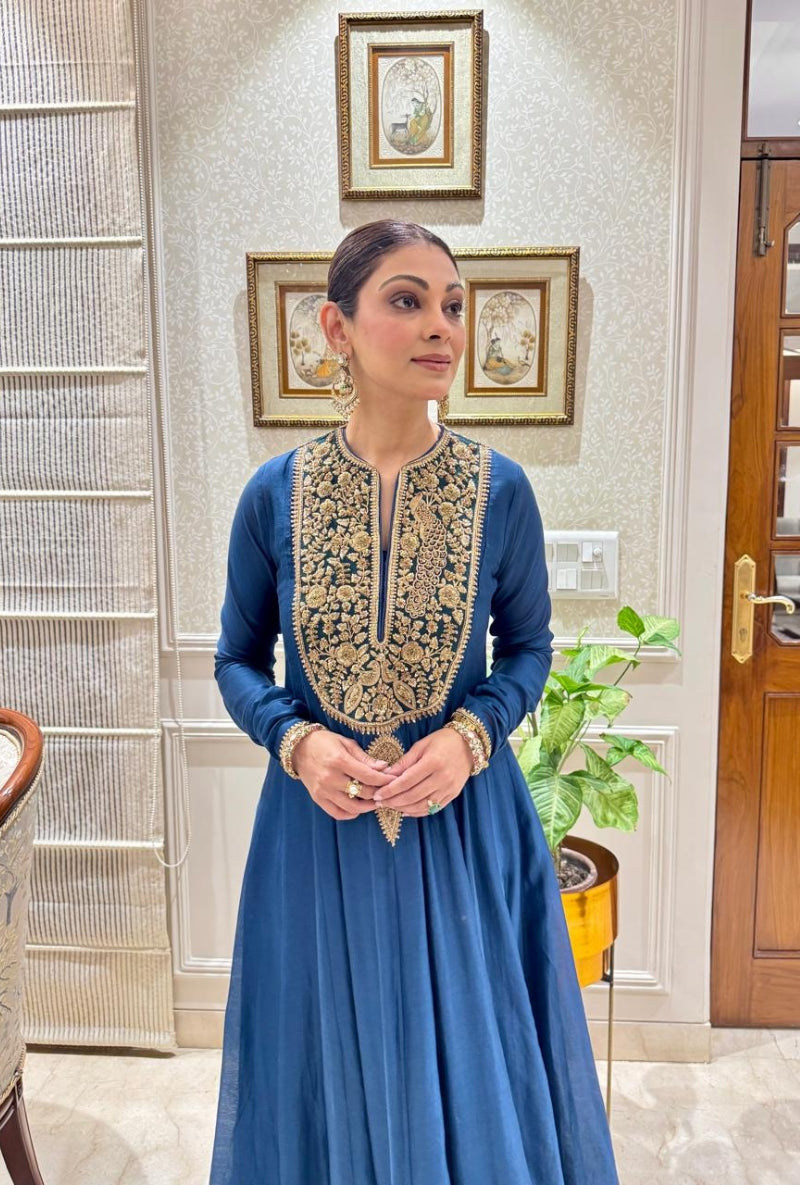 Meghna Nayyar in Blue Embroidered Heavy Yoke Mehfil Anarakali Set