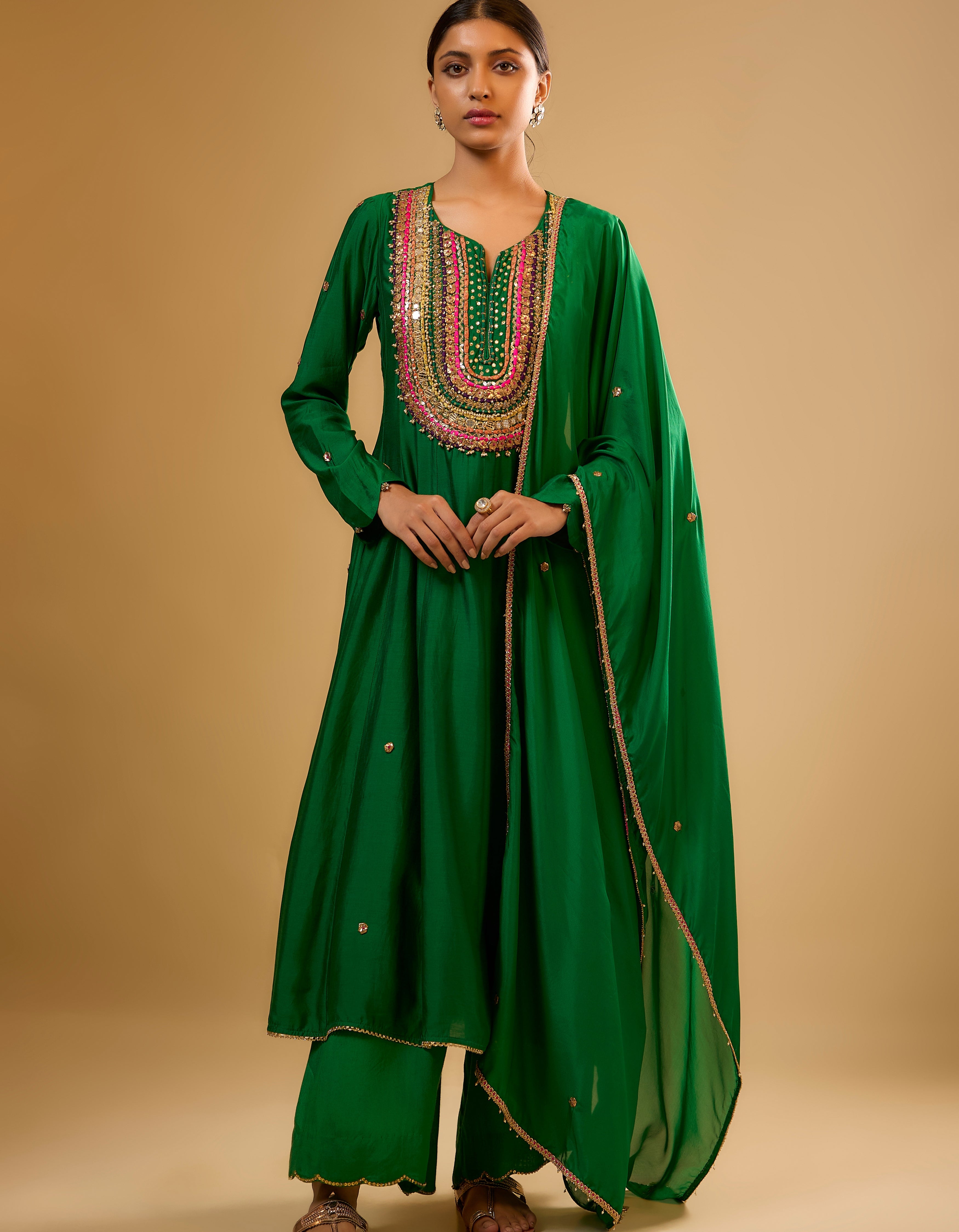 Green Multicolour Yoke Rani Anarkali Set
