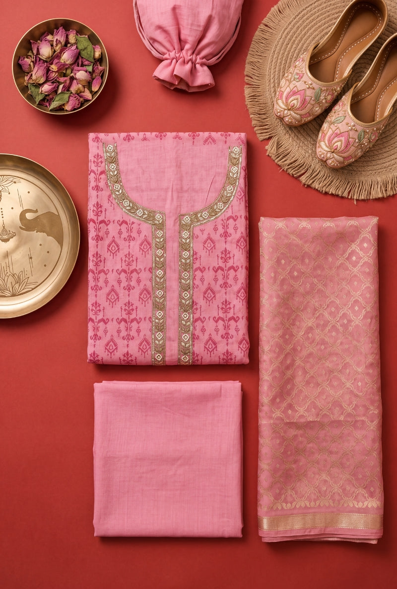 Zari and Moti Neck Block Print Unsitched Suit Set