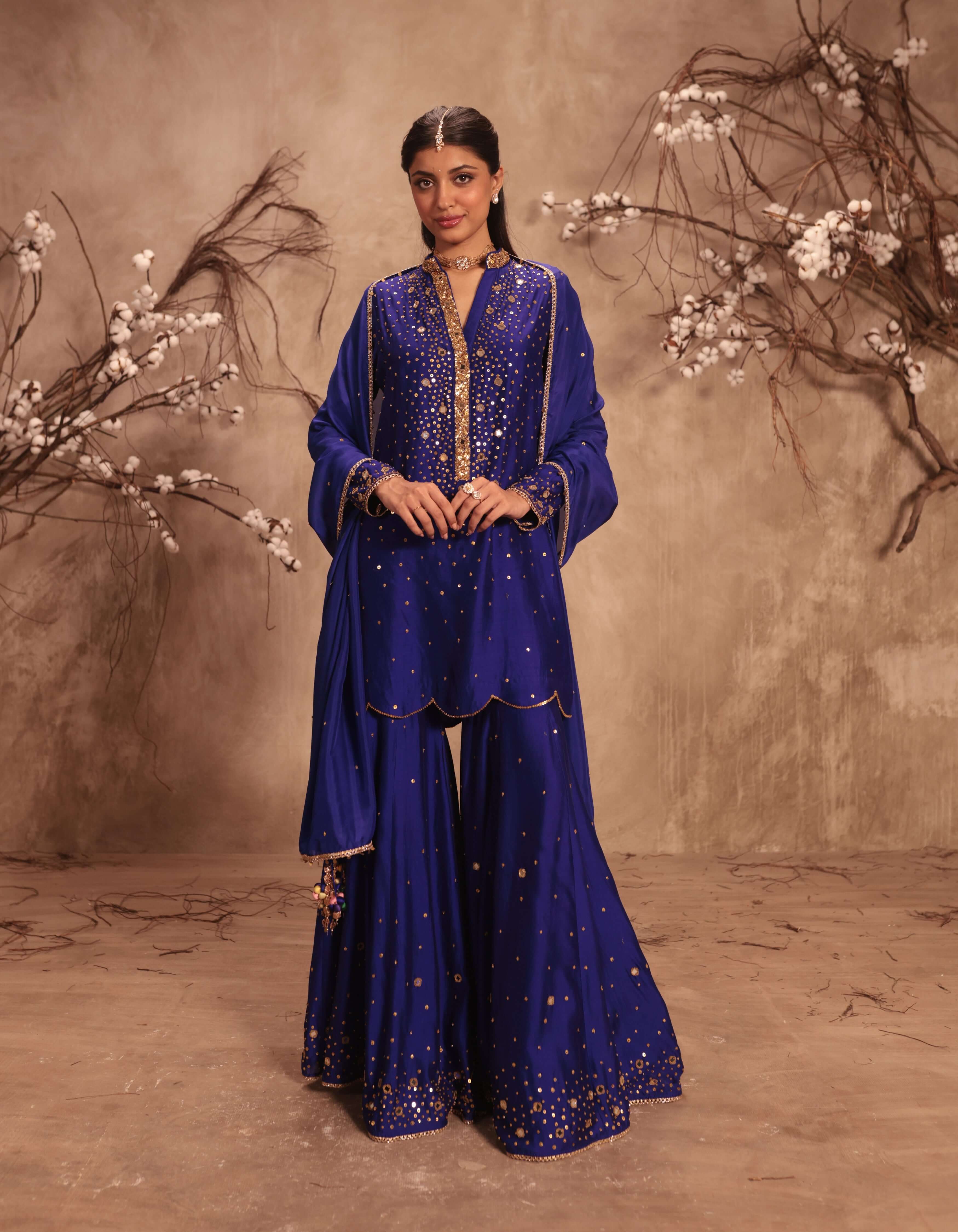 Indigo Heavy Mirror Work Rani Sharara Set