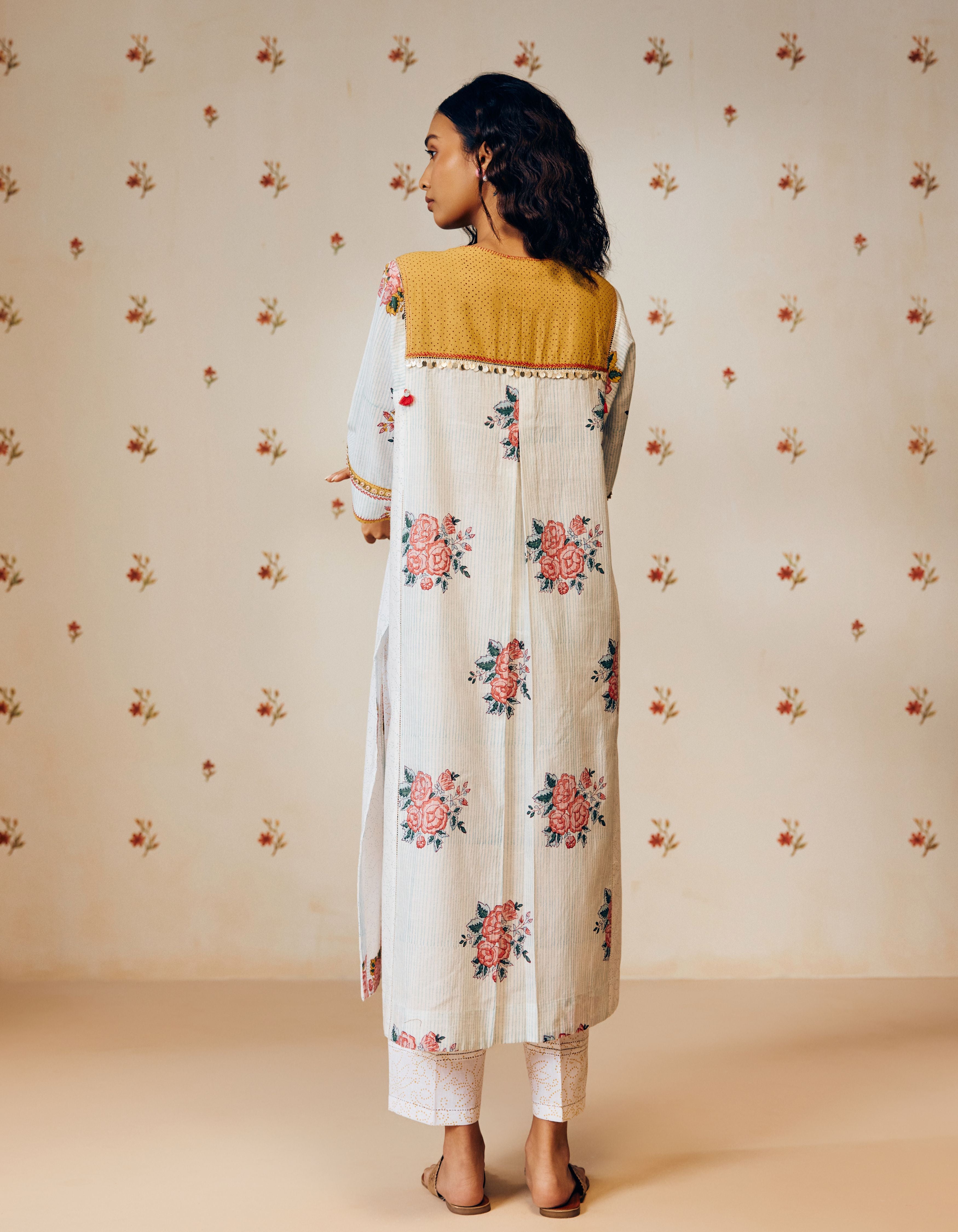 Powder Blue Rose And Bandhani Dot Hand Block Printed Mia Kurta Set
