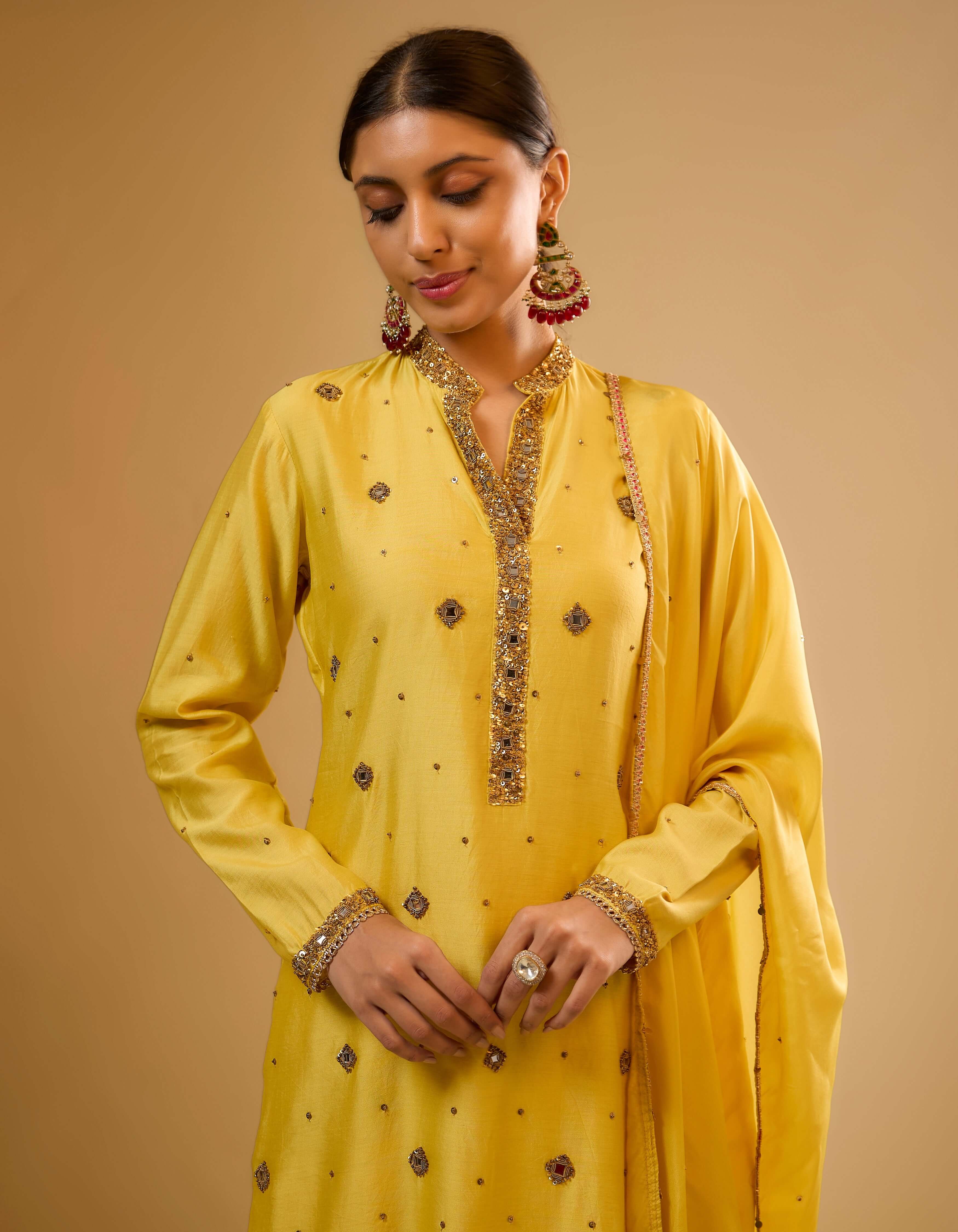 Yellow Mirror Work Rani Sharara Set