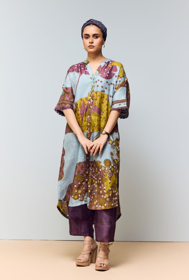 Grey Blue Full Placket Hand Printed Eden Co-Ord Set
