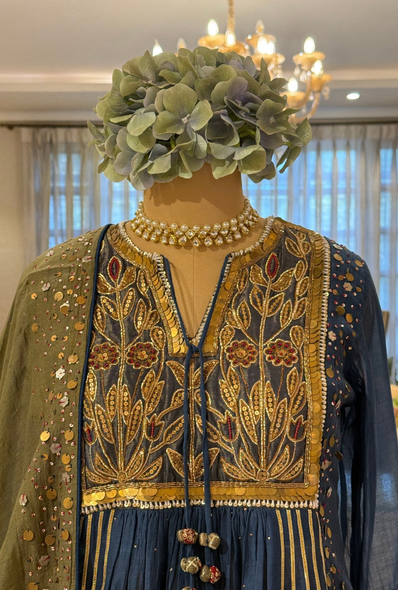 Blue Heavy Hand Embroidered Yoke Front Gather Anarkali Set