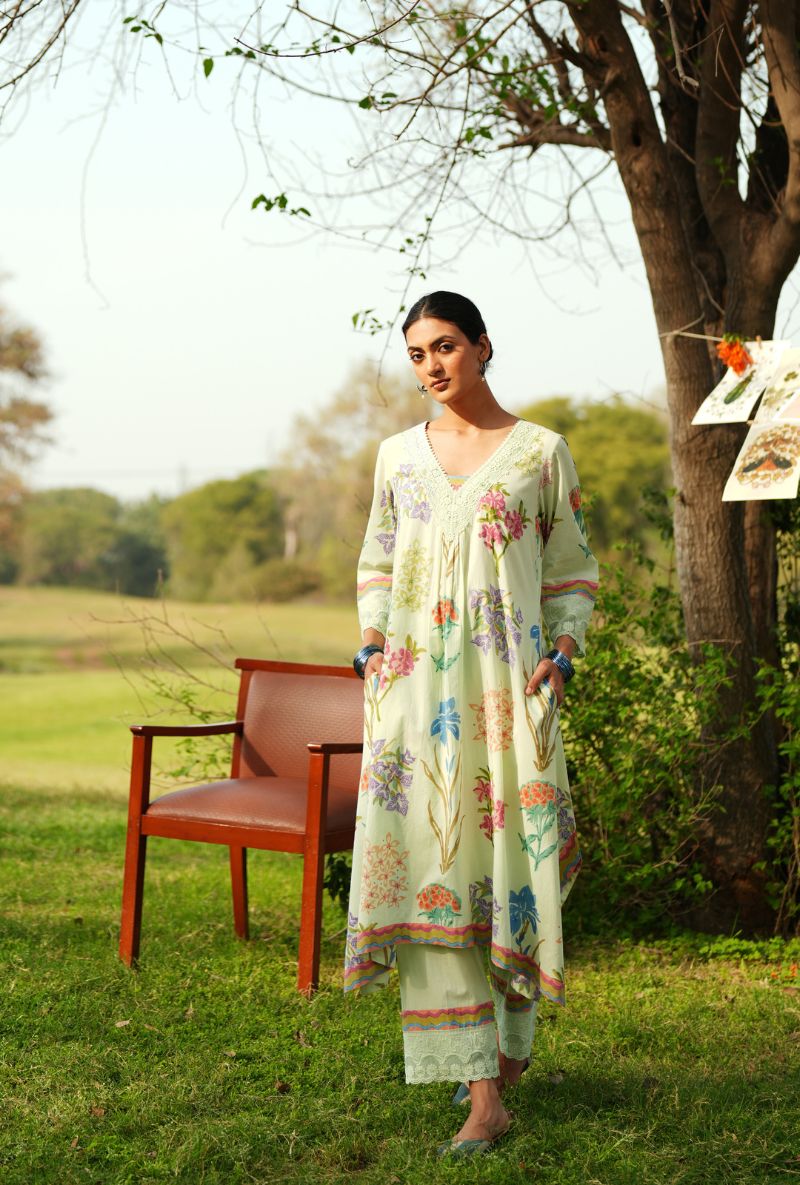 Pista Green V-Neck Asymmetrical Gulmohar Kurta Set