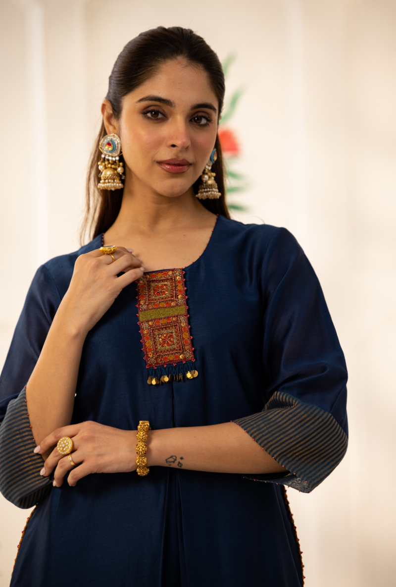 Blue Double Box Pleat Kishmish Kurta Set