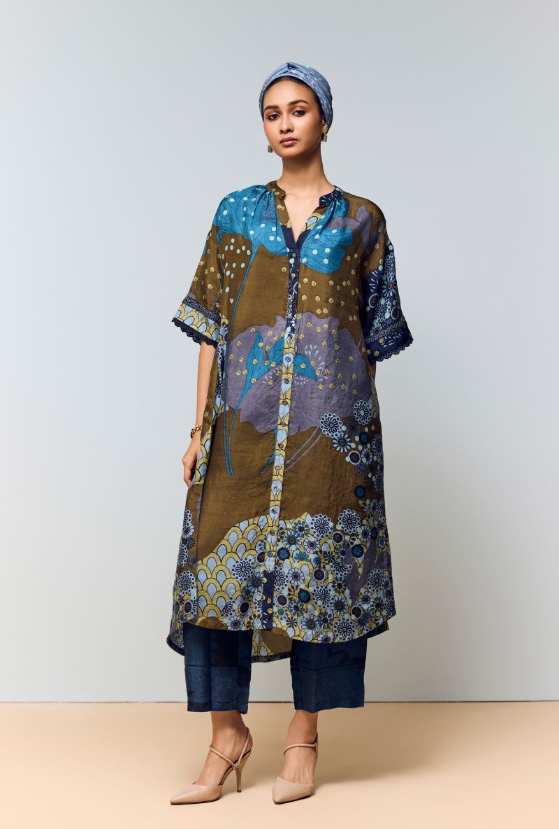 Midnight Blue Hand Printed Full Placket  Eden Co-Ord Set