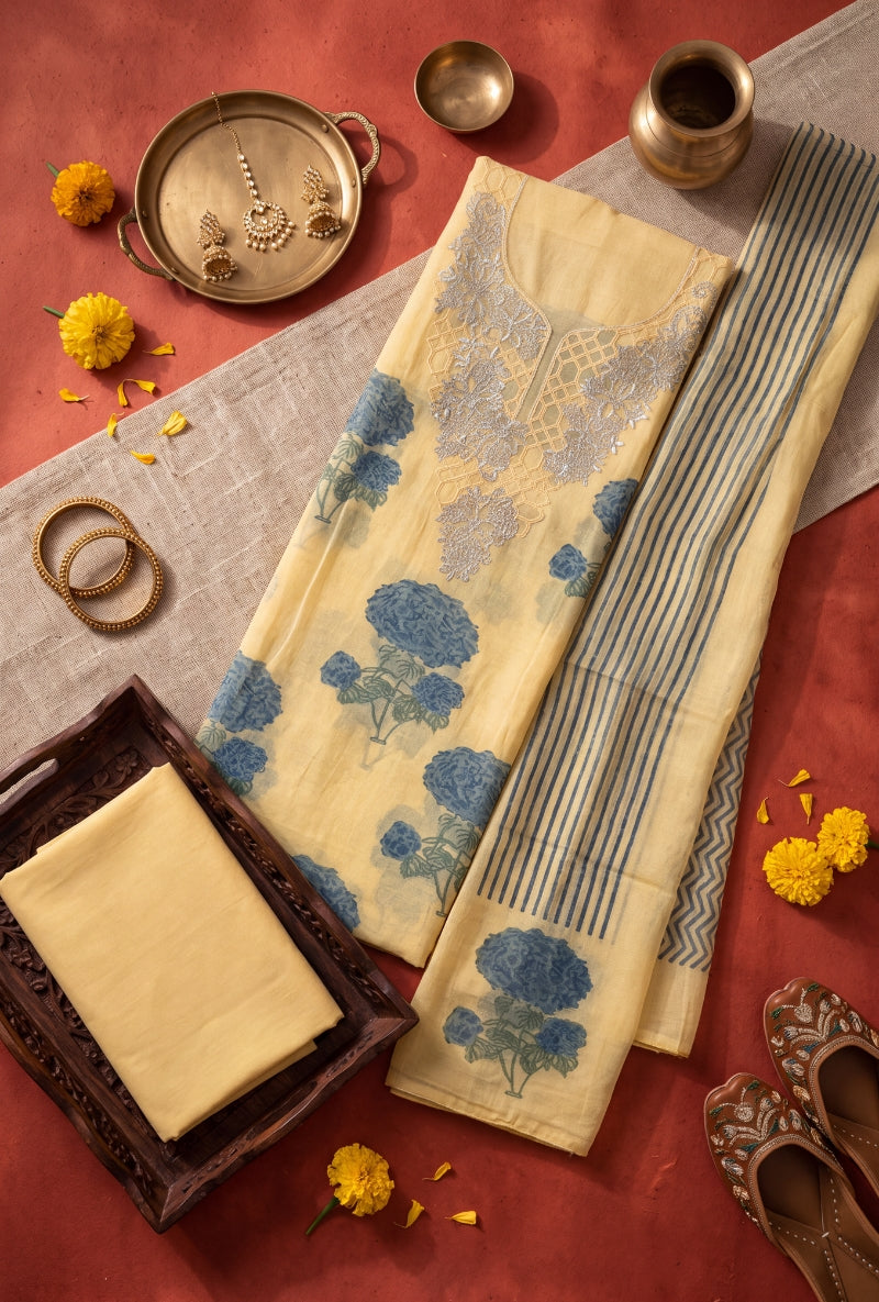 Foil work Yoke Block Print Unstitched Suit Set