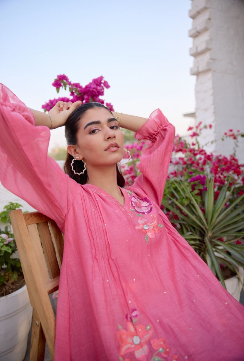 Pink Floral Embroidered With Pintucks Vaidehi Co-ord Set