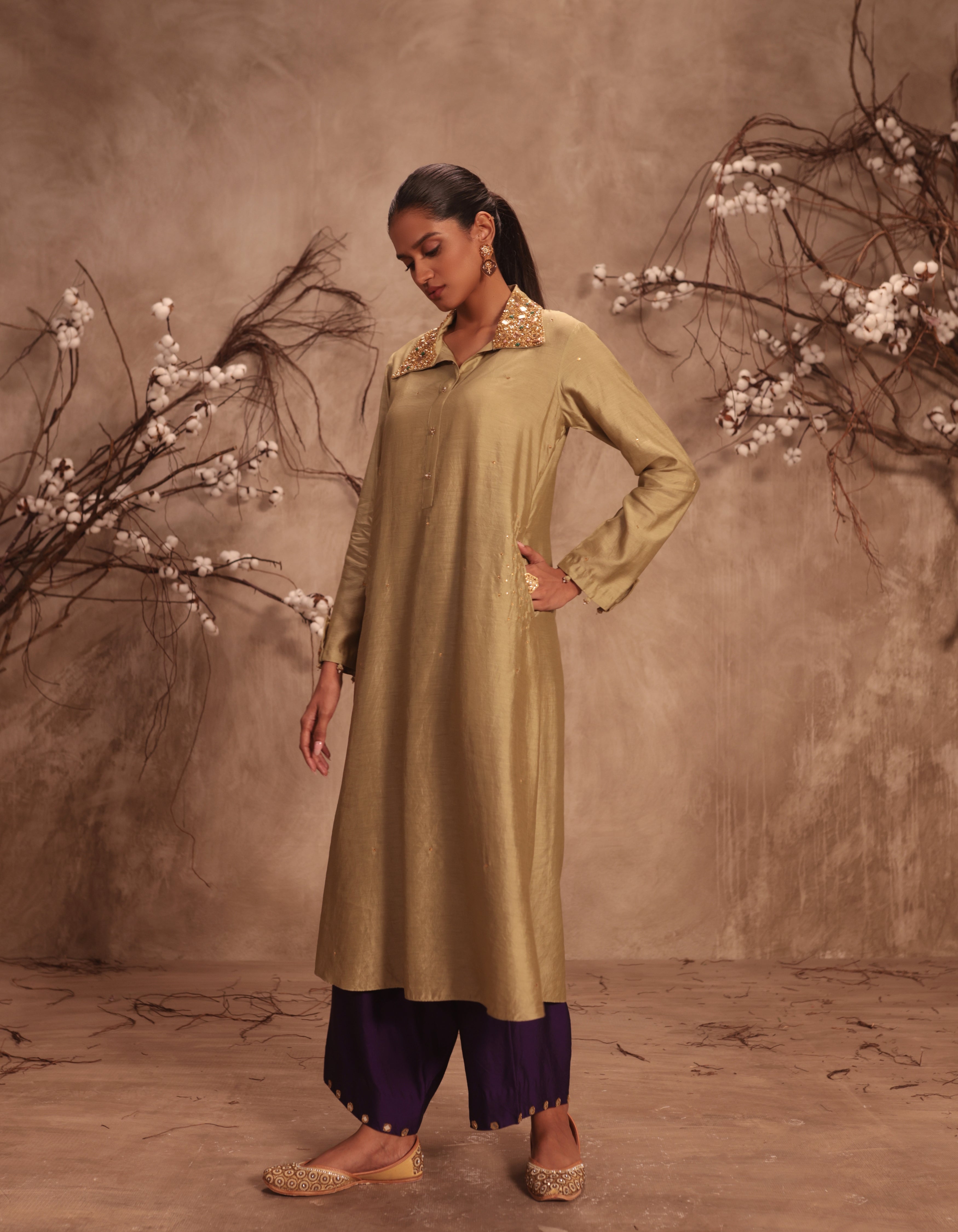 Light Green Heavy Collar Rani Kurta Set