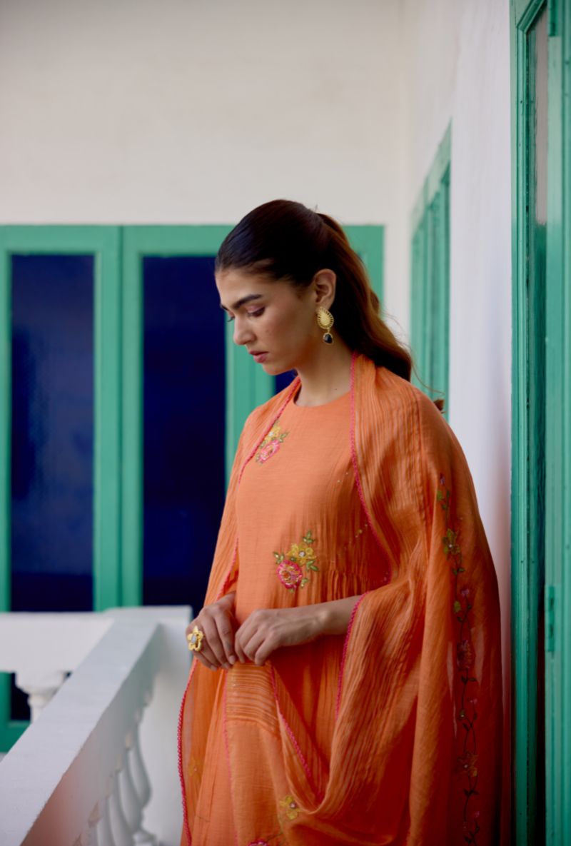 Orange Floral Embroidered Side Gather Vaidehi Kurta Set