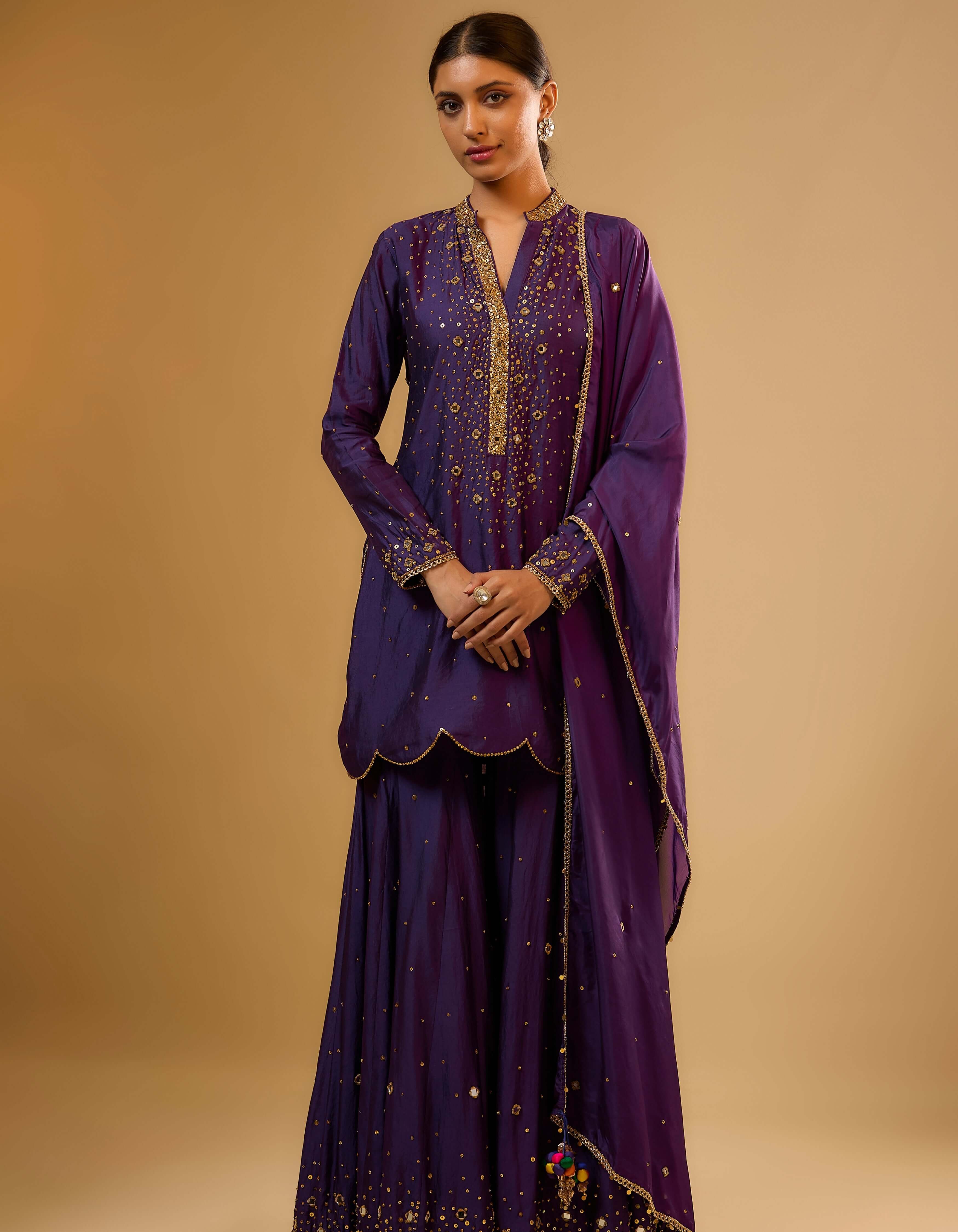 Purple Heavy Mirror Work Rani Sharara Set