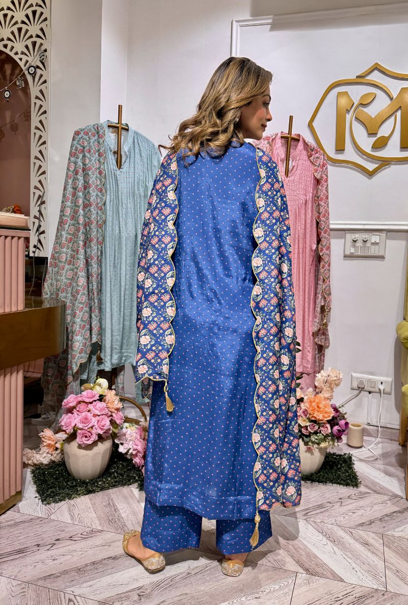 Meghna Nayyar in Blue Polka Dot Print A-Line Iris Kurta Set