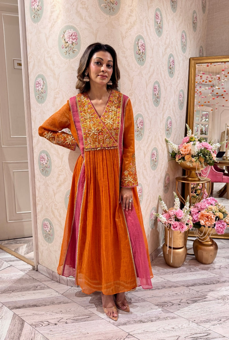 Meghna Nayyar in Rust Embroidered Overlap Yoke Anarakali Set