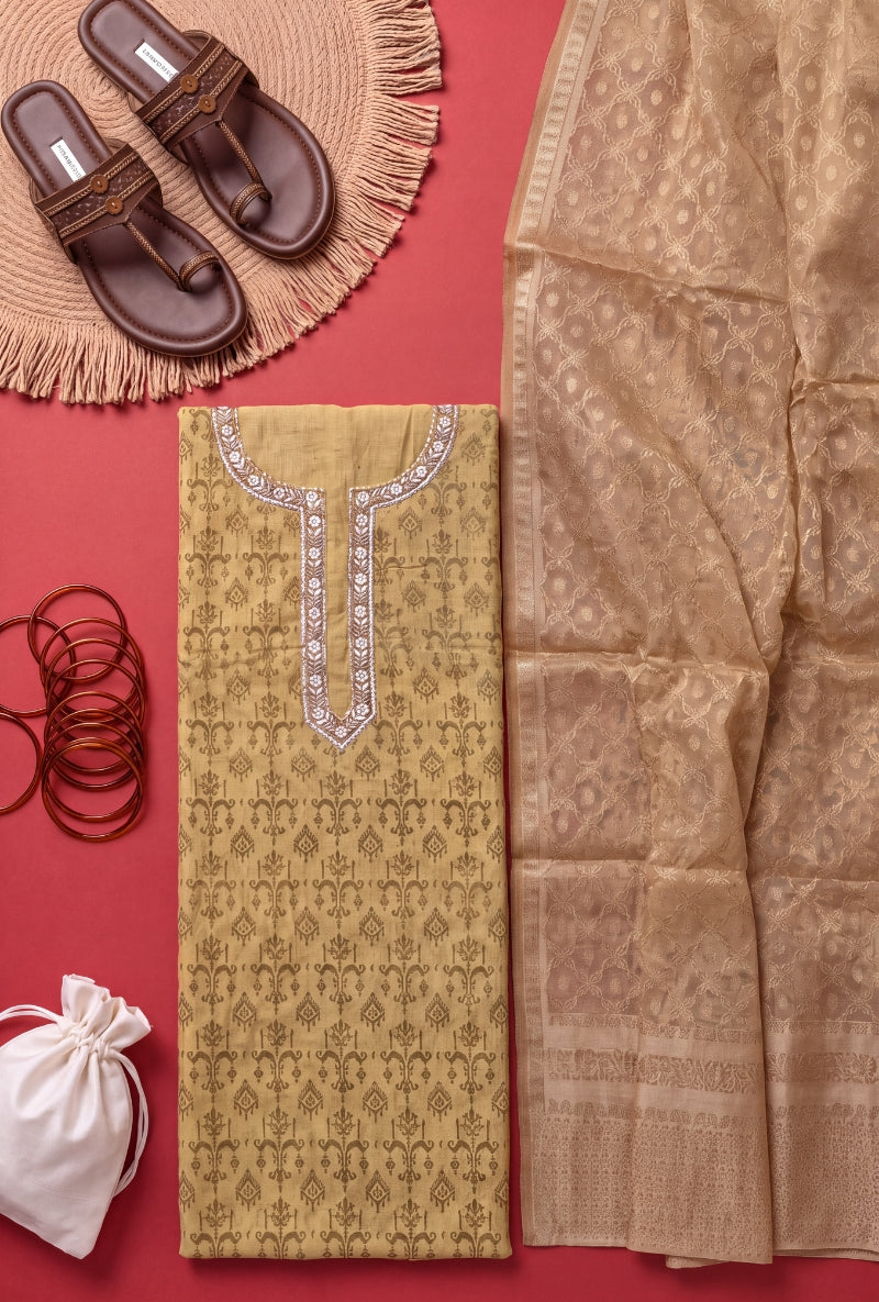 Zari and Moti Neck Block Print Unsitched Suit Set