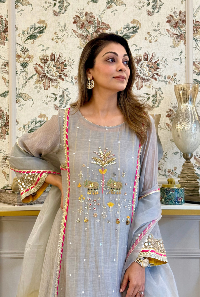Meghna Nayyar in Grey Elephant Motif Morbagh Kurta Set