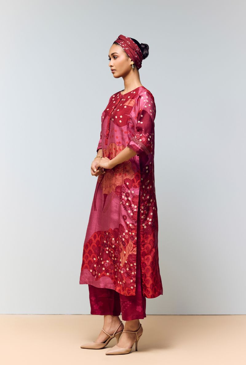 Deep Red Hand Printed Kaftan Sleeve Eden Co-Ord Set