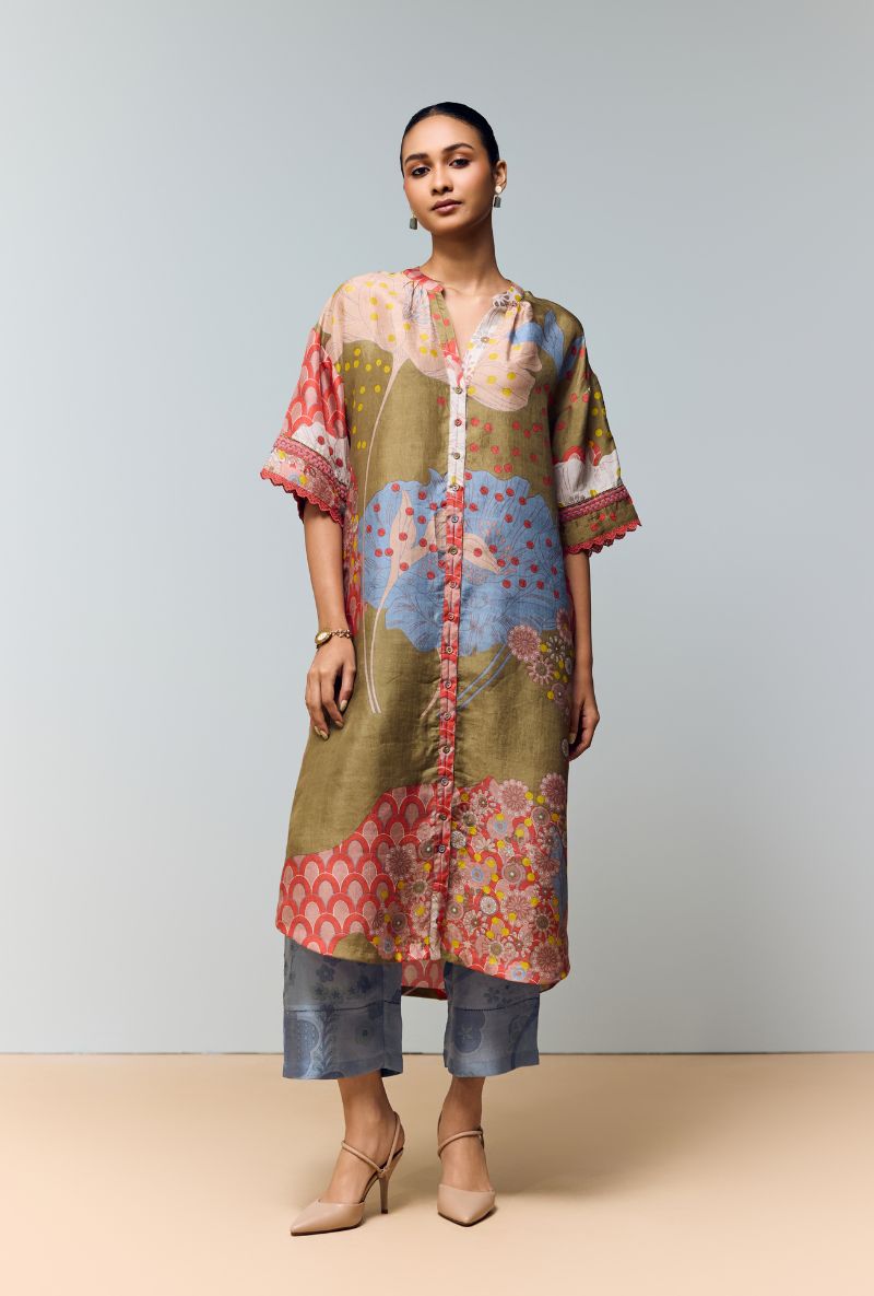 Ice Blue Hand Printed Full Placket  Eden Co-Ord Set