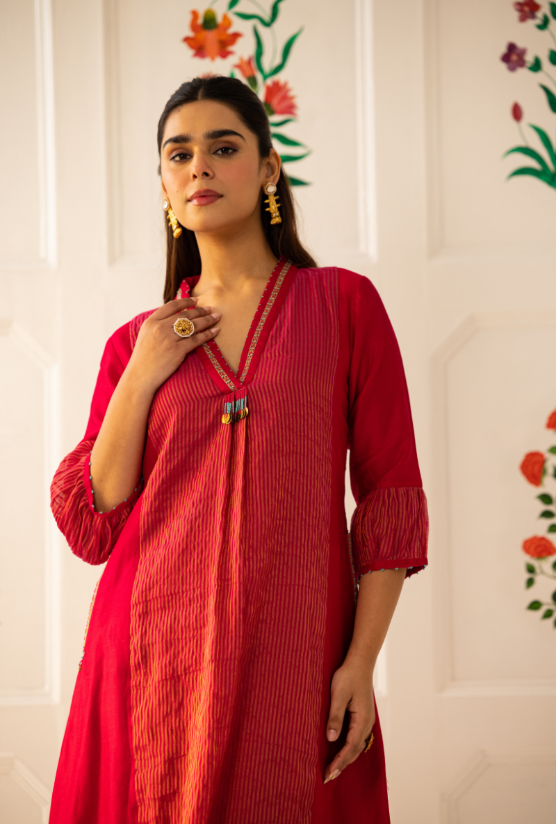 Pink High Collar Kishmish Kurta Set
