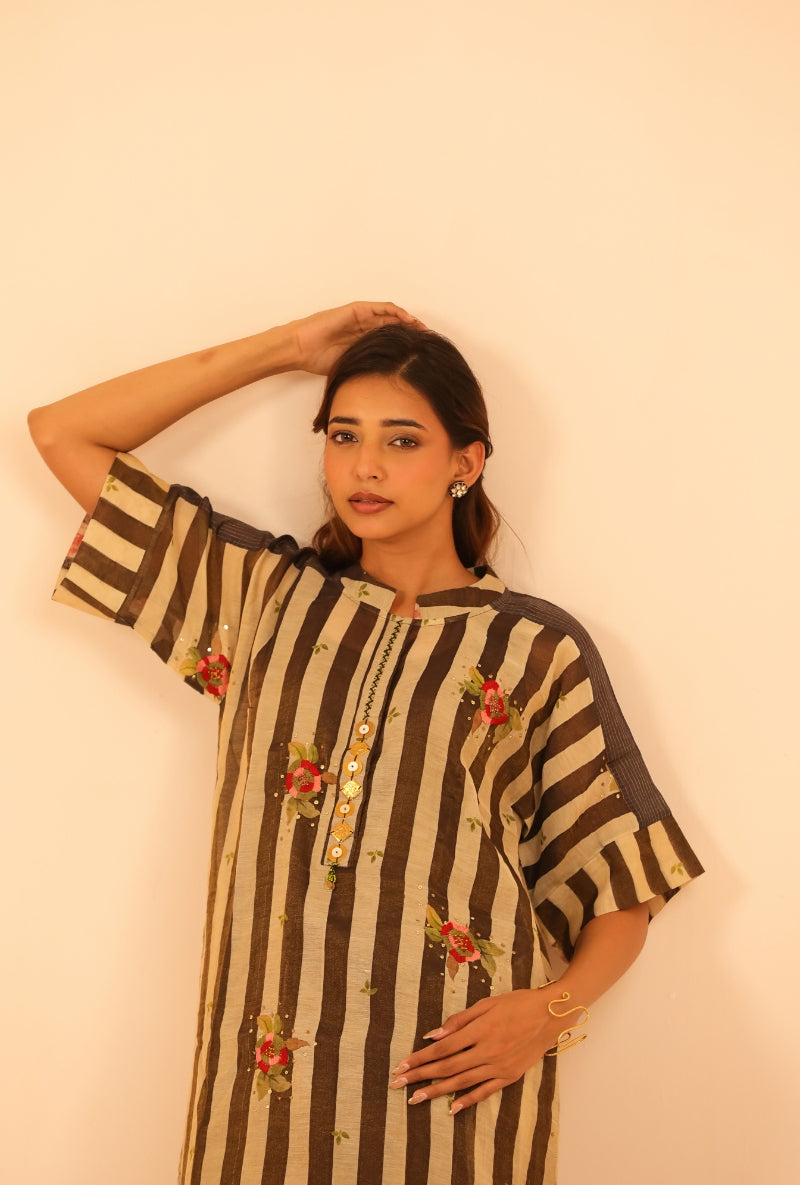 Brown Stripes Thread Work Sakhi Co-ord Set