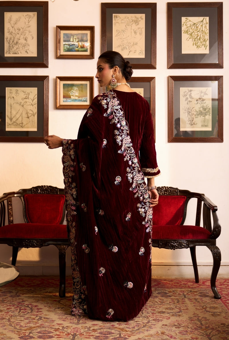 Wine Crushed Velvet Dilbar Kurta Set
