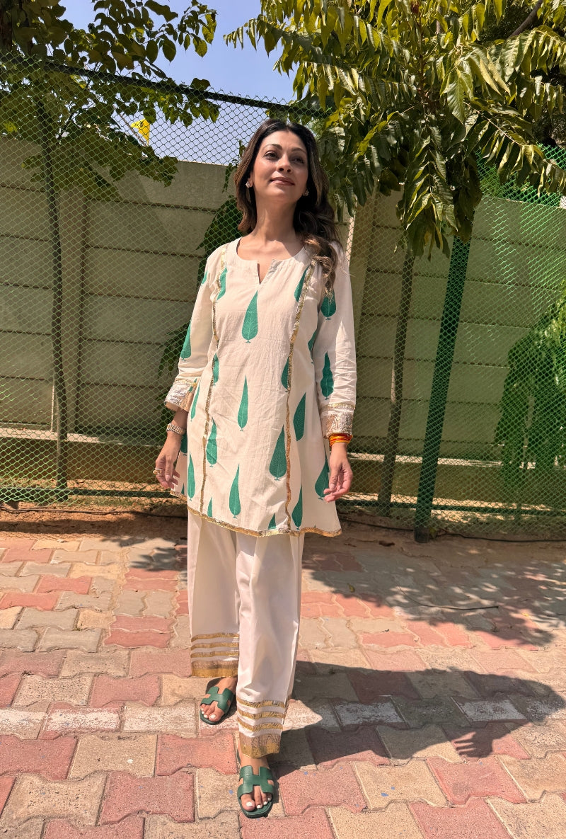 Meghna Nayyar in Cypress Leaf Hand Block Print Farshi Set
