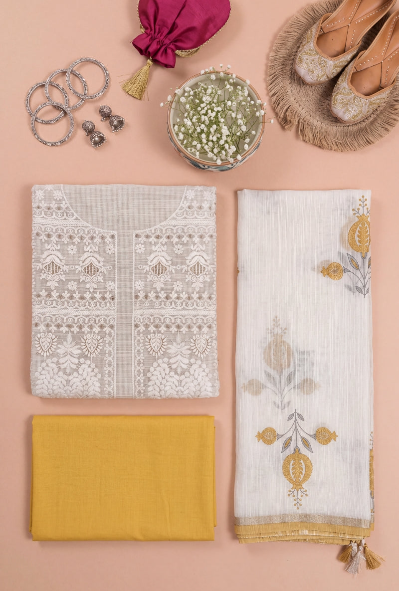 Lucknowi Resham Yoke Unstitched Suit Set