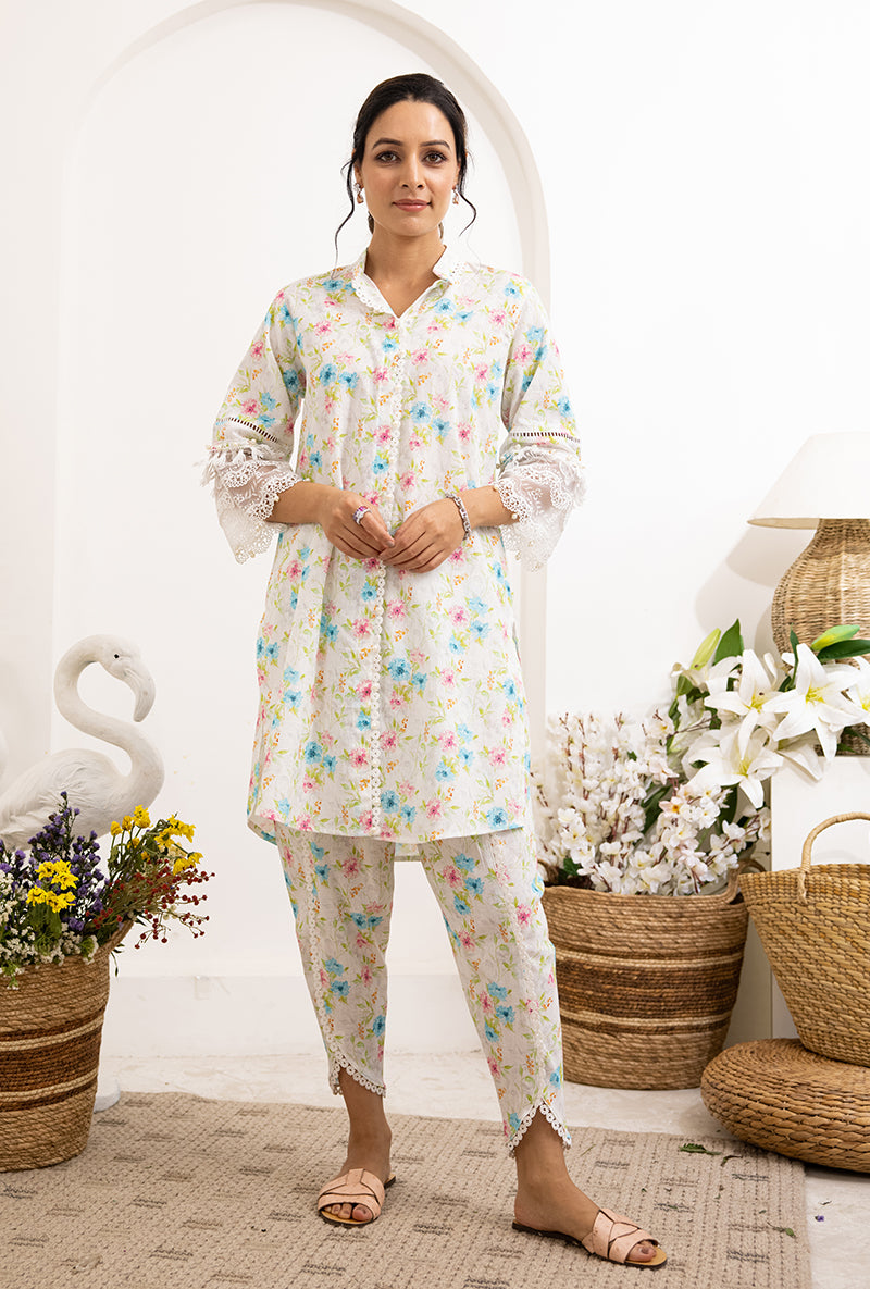 Ivory Aqua Floral Print Daisy Co-ord Set
