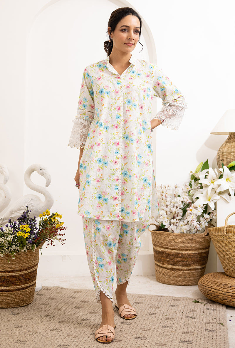 Ivory Aqua Floral Print Daisy Co-ord Set