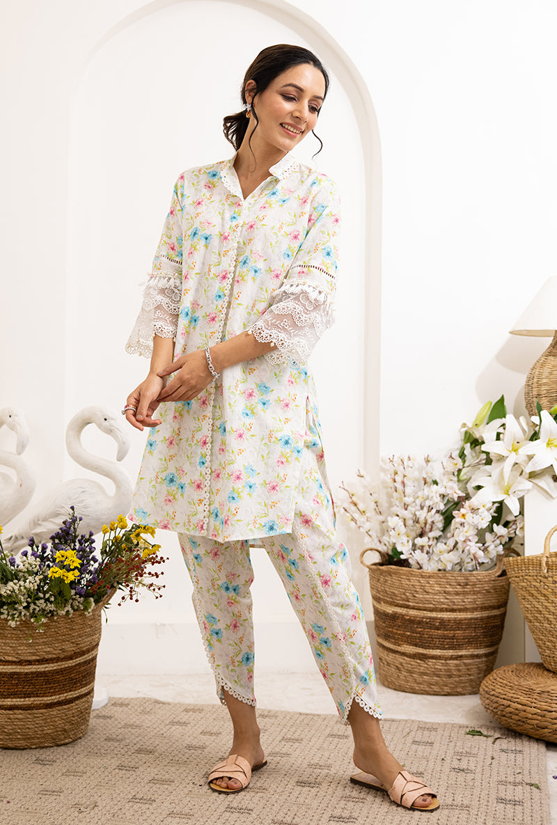 Ivory Aqua Floral Print Daisy Co-ord Set
