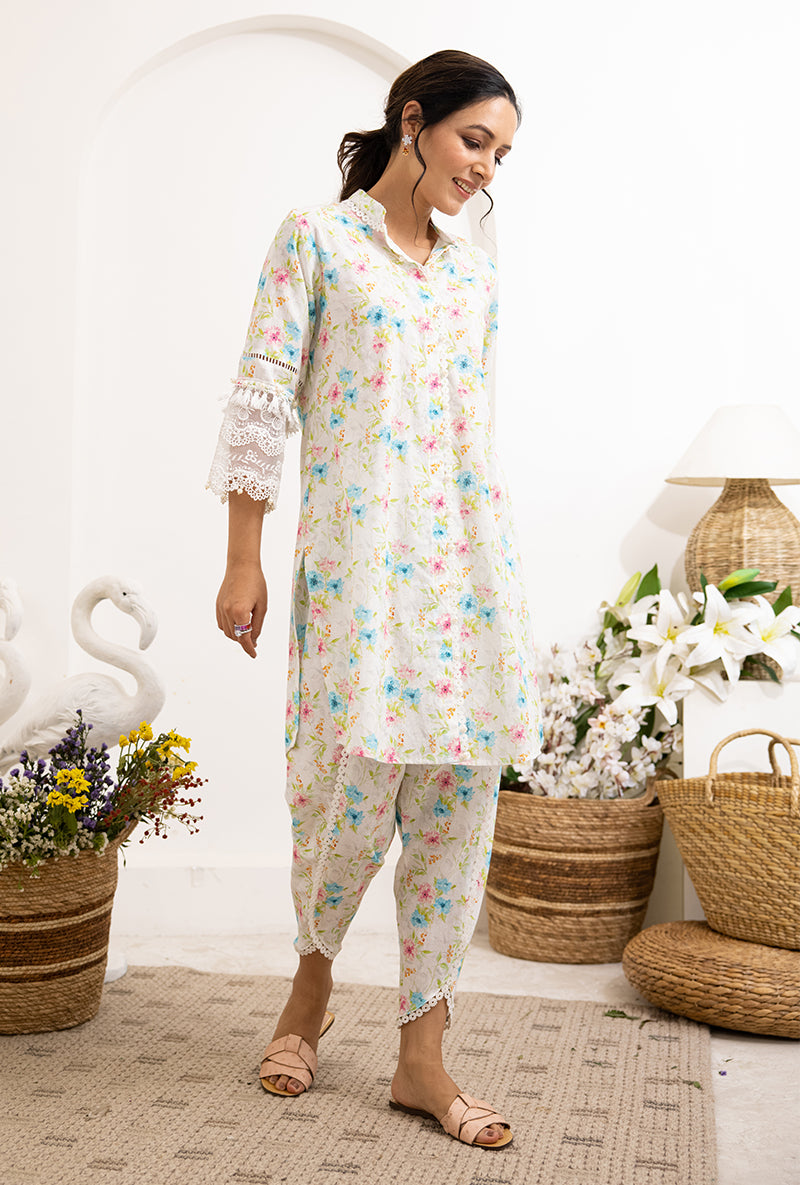 Ivory Aqua Floral Print Daisy Co-ord Set
