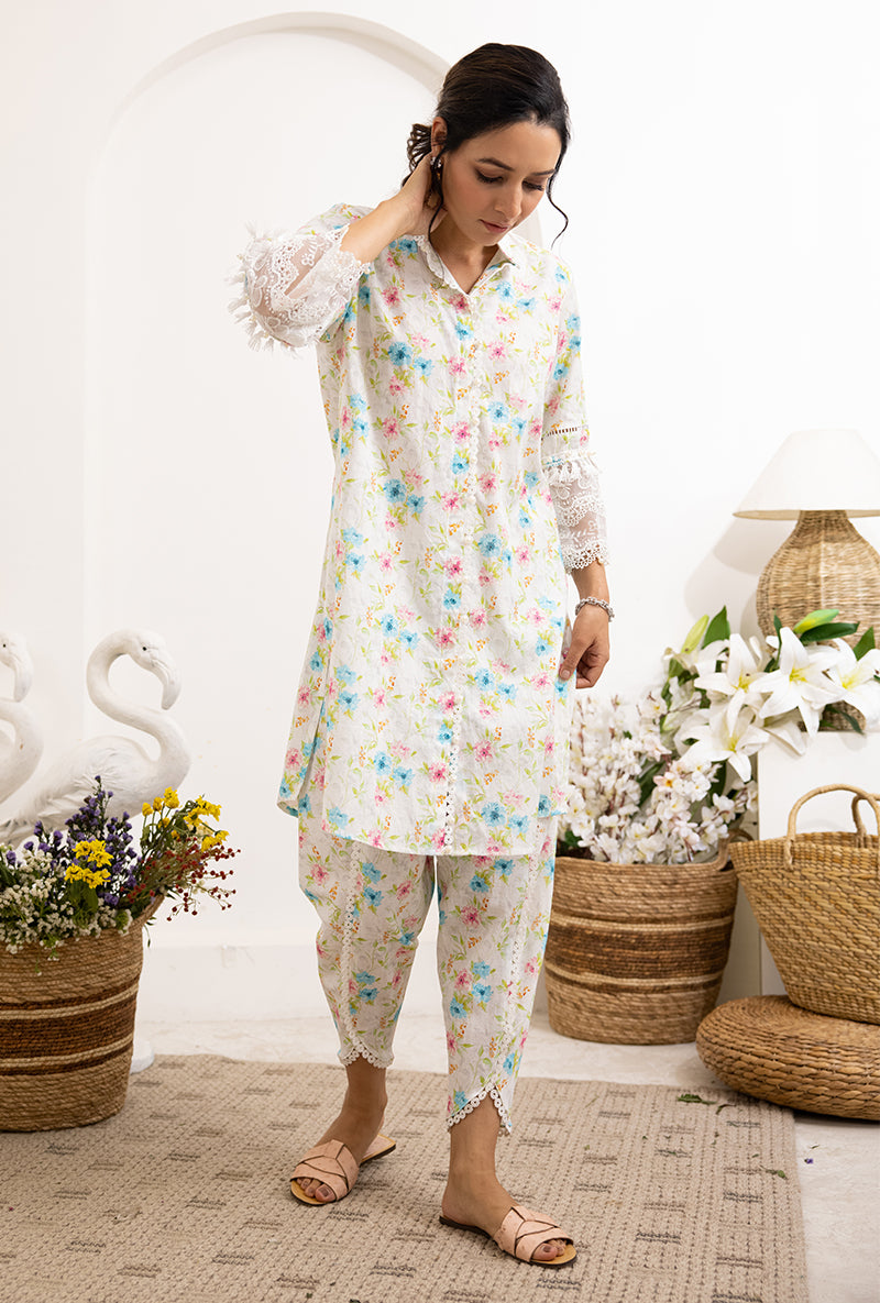 Ivory Aqua Floral Print Daisy Co-ord Set
