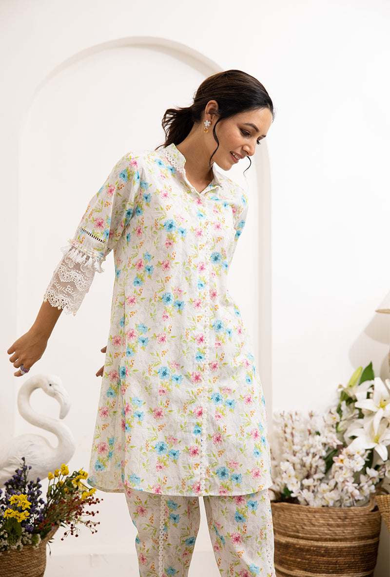 Ivory Aqua Floral Print Daisy Co-ord Set