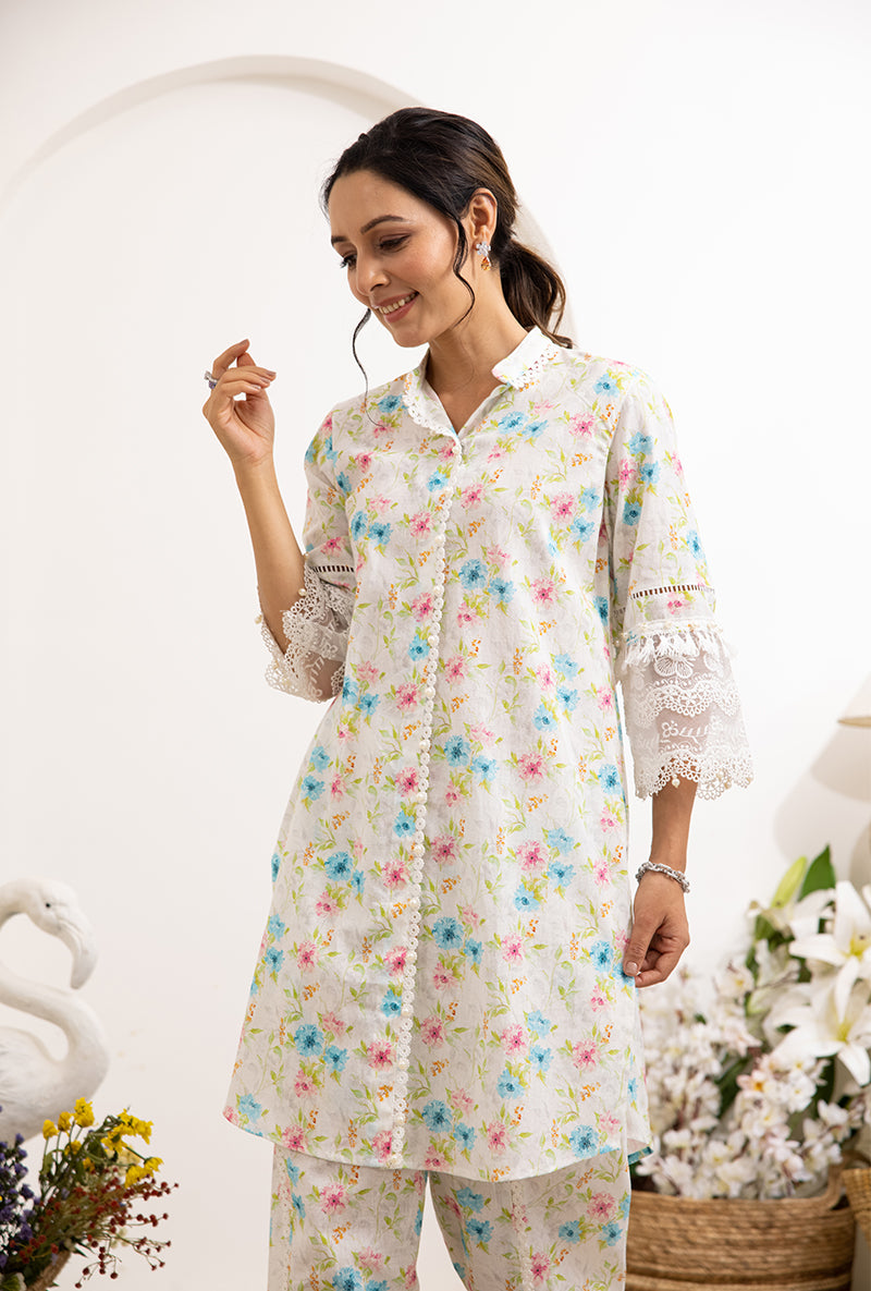Ivory Aqua Floral Print Daisy Co-ord Set