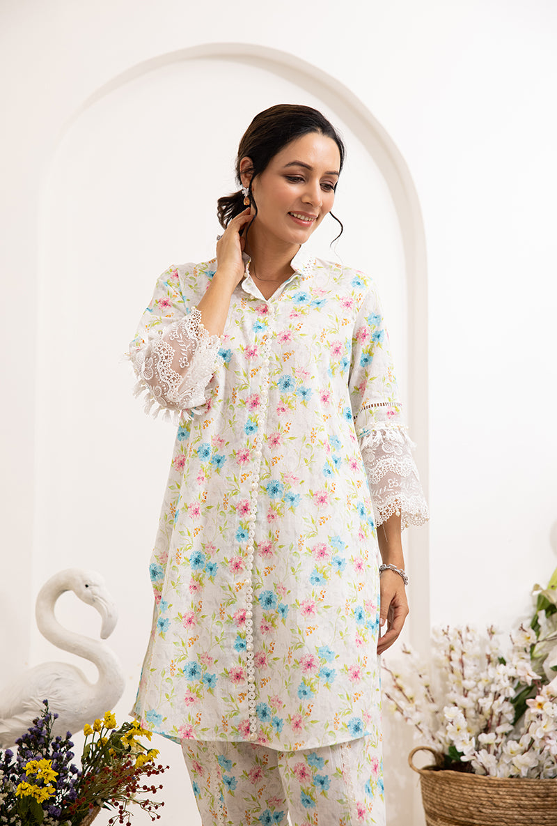 Ivory Aqua Floral Print Daisy Co-ord Set
