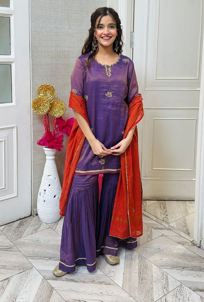 Varsha Rana in Purple Elephant Motif Surmayi Sharara Set