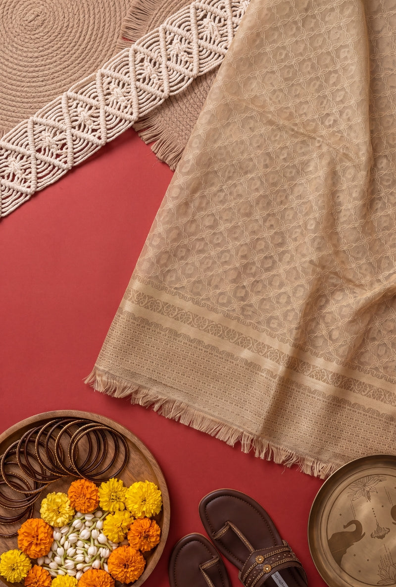 Zari and Moti Neck Block Print Unsitched Suit Set