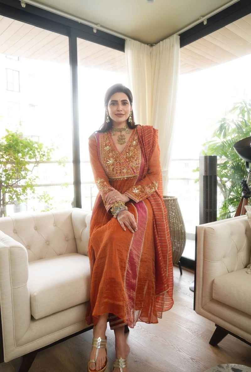 Karishma Tanna in Rust Embroidered Overlap Yoke Gulbano Anarkali Set