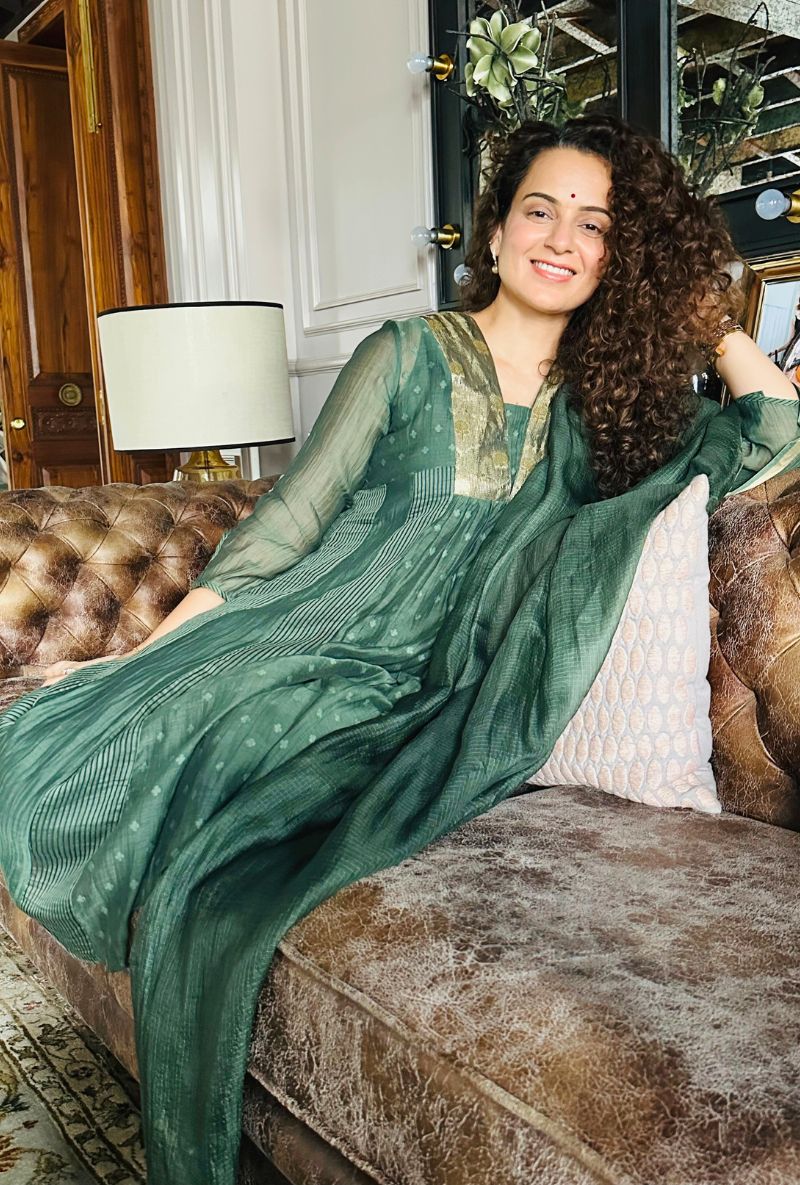 Kangna Ranaut in Sage Green Jackquard Panel Ruhi Kurta Set