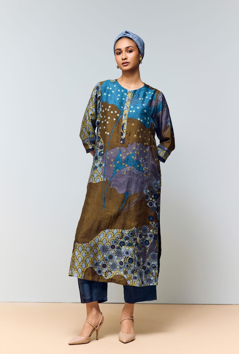 Midnight Blue Hand Printed Kaftan Sleeve Eden Co-Ord Set