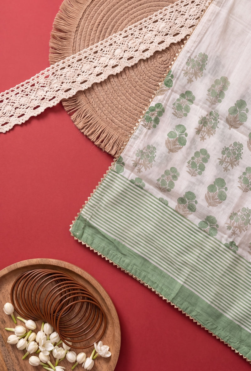 Banarsi Weaving Stripes Block Print Unsitched Suit Set