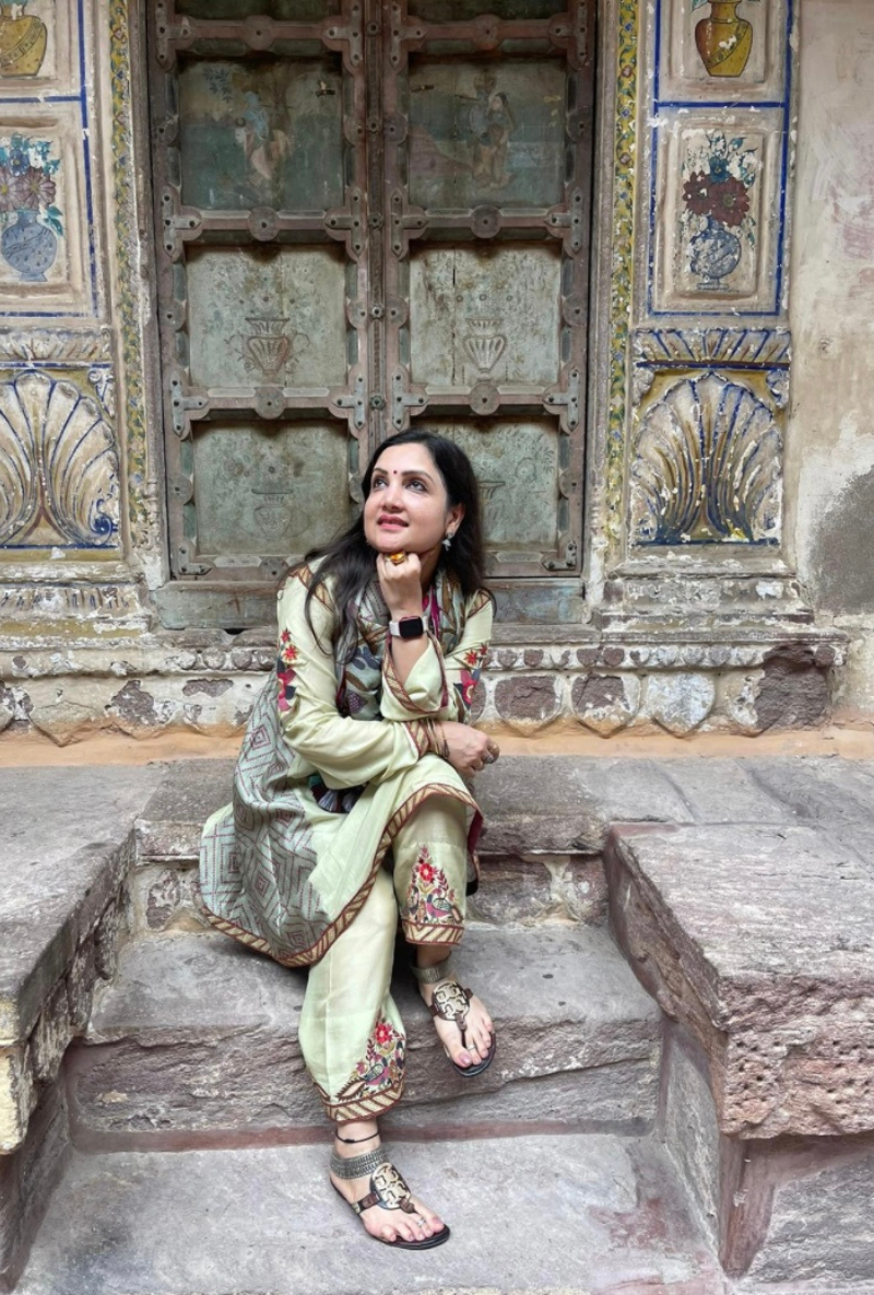 Madhuri Grover in Earth Green Side Gathered Noorie Kurta Set