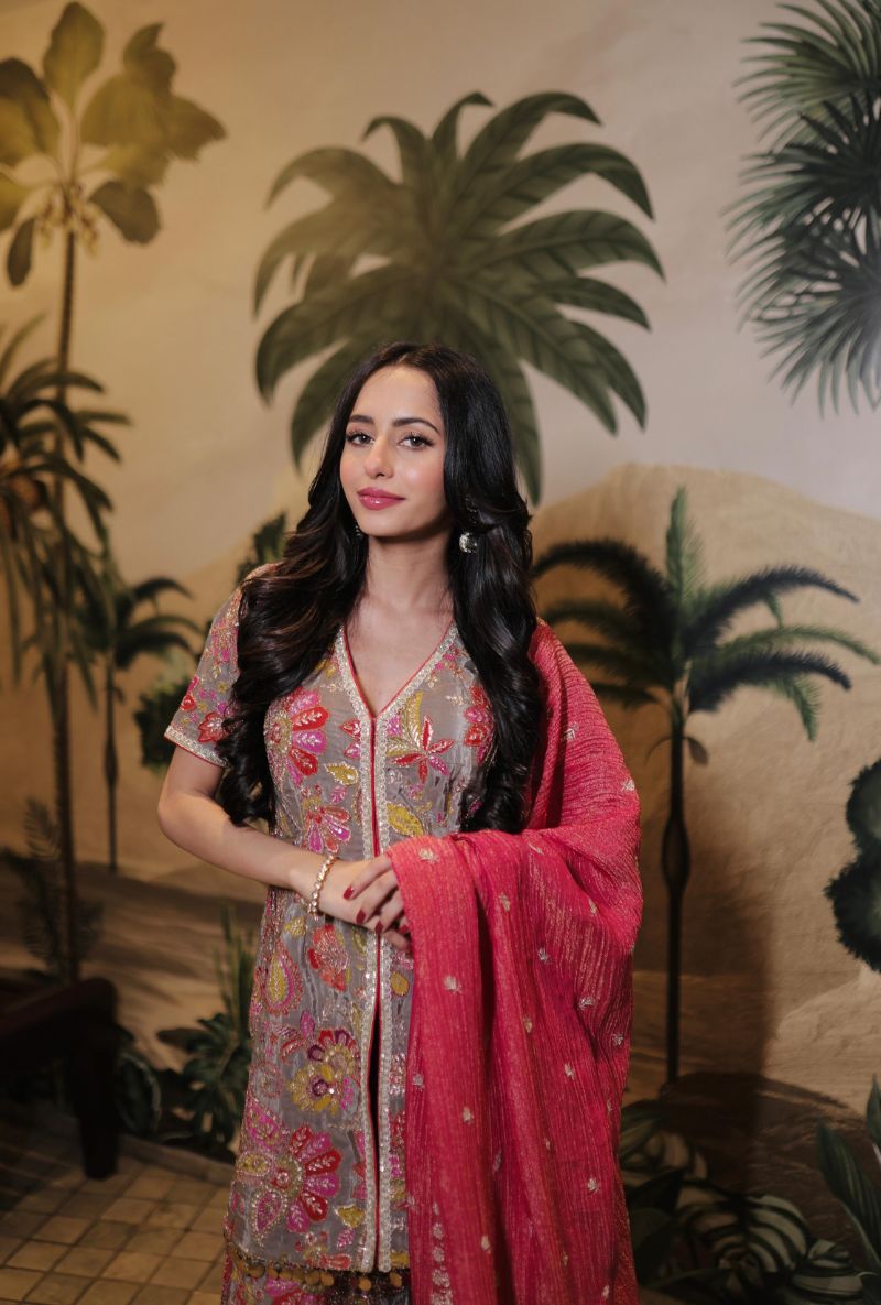Soumya Puri in Grey All Over Printed Rumi Gharara Set