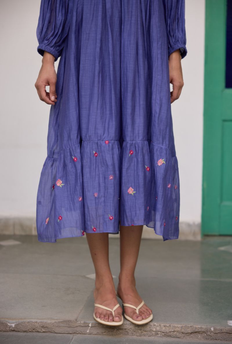 Blue Floral Embroidered Yoke Vaidehi Dress