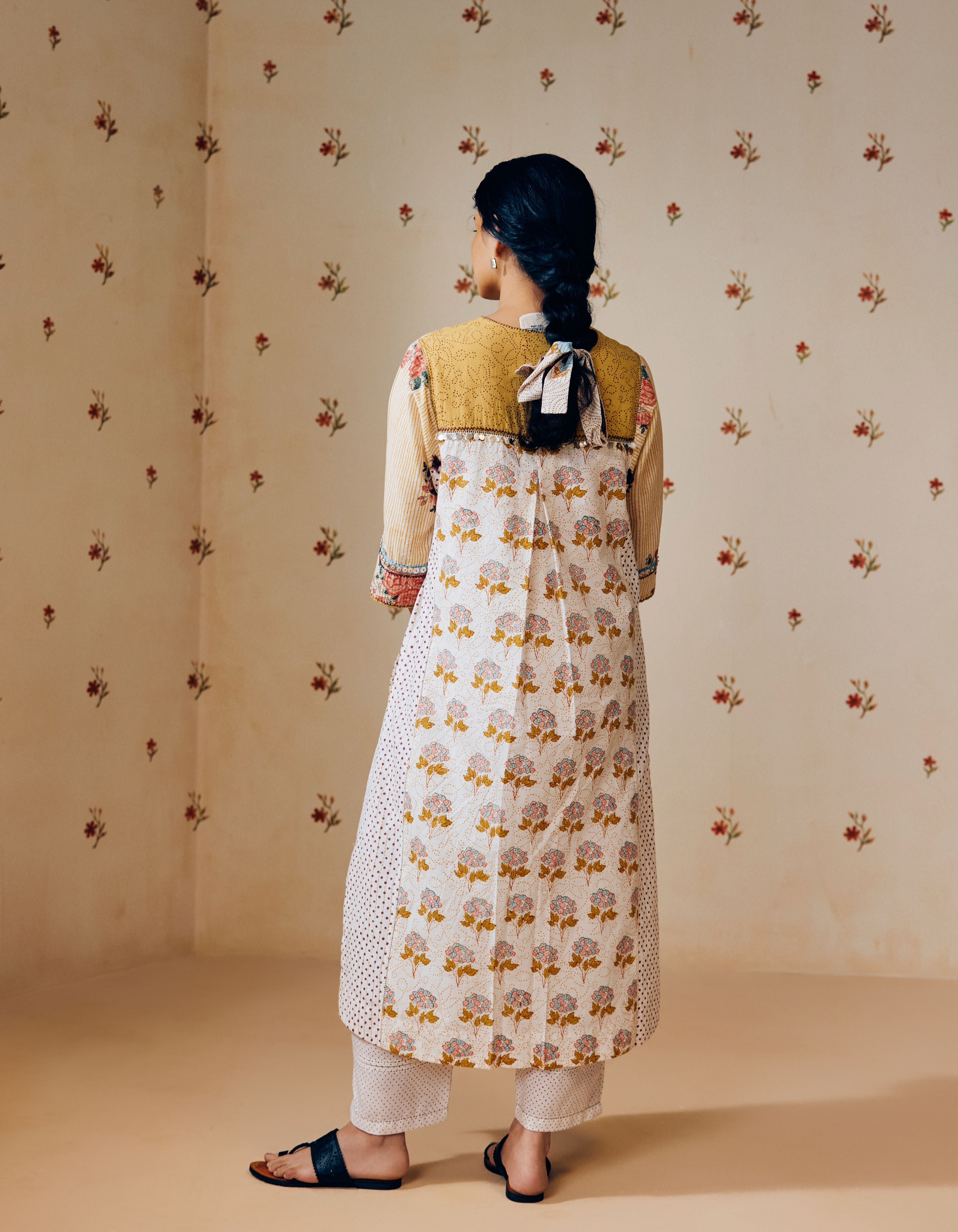 Mustard Stripes and Overlap Rose Hand Block Print Mia Kurta Set