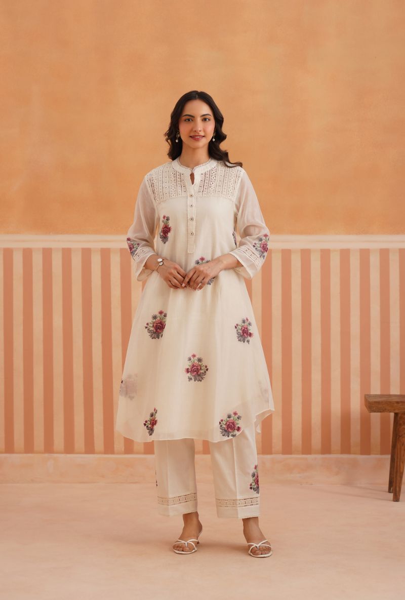 Off White Cross Stitch Embroidery Pehar Kurta Set