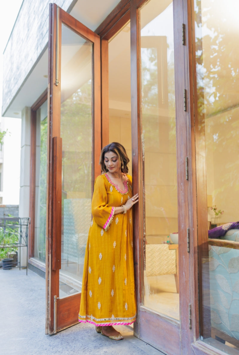 Meghna Nayyar in Mustard Embroidered Neck Front Gather Kurta Set