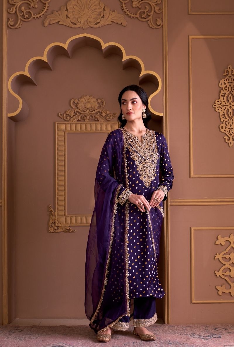 Purple Bandhej Rasia Kurta Set